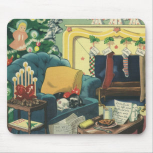 Mousepad Natais vintages de animais de estimação na sala de