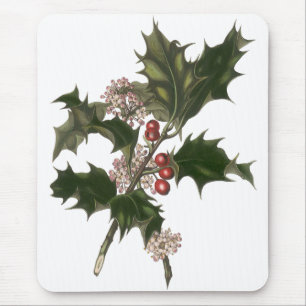 Mousepad Natais vintages, Green Holly Plant com Berries
