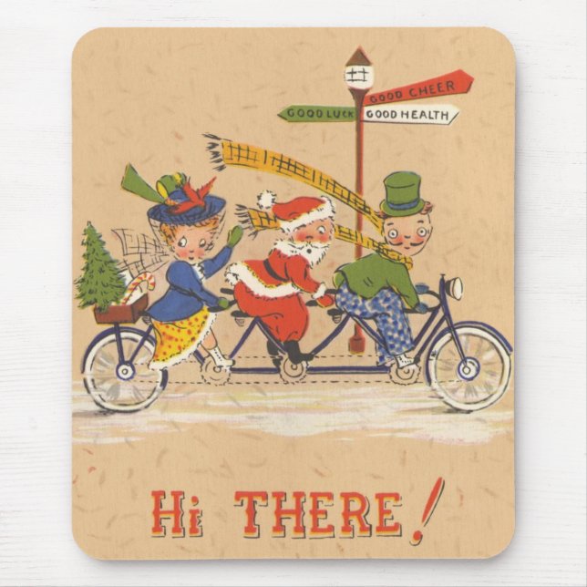 Mousepad Natais vintages, Papai Noel andando de bicicleta (Frente)