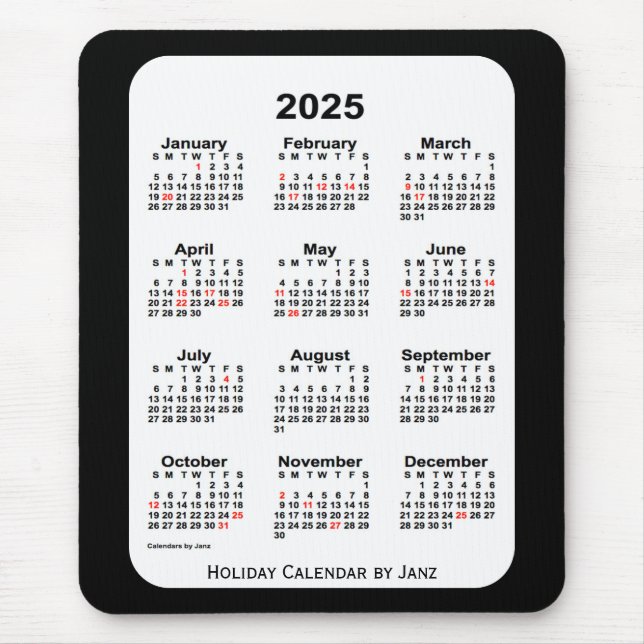 Mousepad Natal 2025 Calendário preto de dois tons por Janz (Frente)