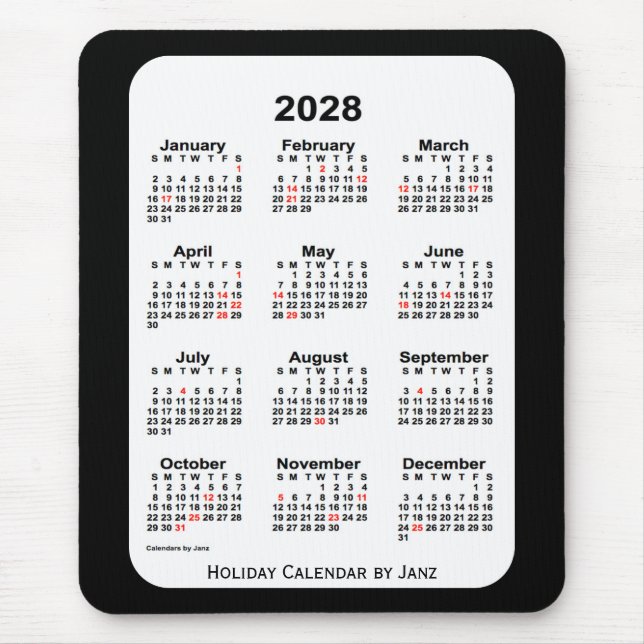 Mousepad Natal 2028 Calendário preto de dois tons por Janz (Frente)