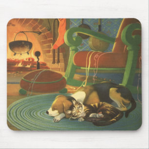 Mousepad Natal Antigo, Animais Dormindo pela Lareira