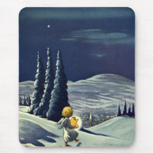 Mousepad Natal Antigo, Anjo da Neve Caminhando com uma Estr