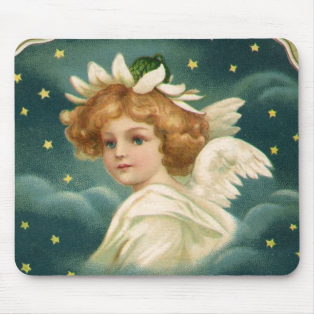Mousepad Natal Antigo, Anjo Vitoriano com Estrelas Douradas (Frente)