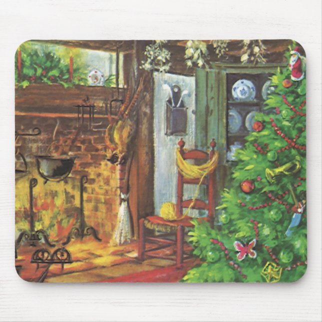 Mousepad Natal Antigo, Cabana Aconchegante com Lareira (Frente)