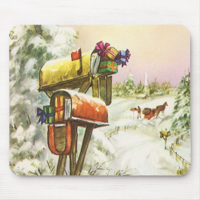 Mousepad Natal Antigo, Caixas de Correio na Paisagem de Inv (Frente)
