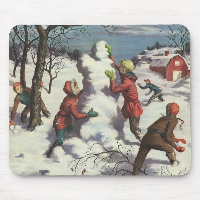 Mousepad Natal Antigo, Crianças Brigando com Bolas de Neve (Frente)