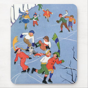 Mousepad Natal Antigo, Crianças Patinando em um Lago