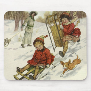 Mousepad Natal Antigo, Crianças Vitorianas Puxando Trenó co