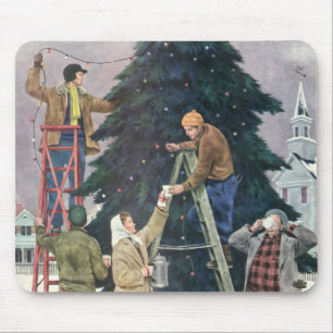 Mousepad Natal Antigo, Família Pendurando Luzes na Árvore