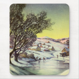 Mousepad Natal Antigo, Lago Congelado com Patinadores no Ge