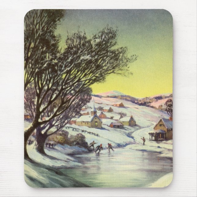 Mousepad Natal Antigo, Lago Congelado com Patinadores no Ge (Frente)