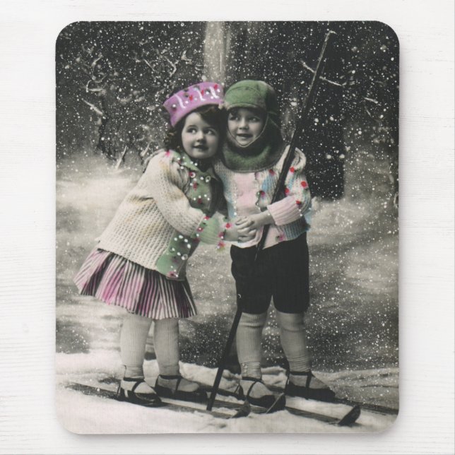 Mousepad Natal Antigo, Melhores Amigos nos Esquis (Frente)