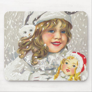 Mousepad Natal Antigo Menina Vitoriana com Boneca na Neve