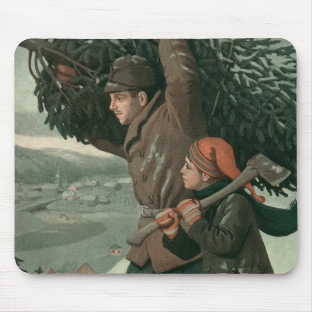 Mousepad Natal Antigo, Pai e Filho Cortam uma Árvore (Frente)