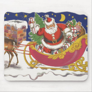 Mousepad Natal Antigo, Papai Noel Alegre com Trenó