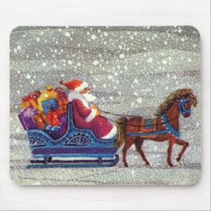 Mousepad Natal Antigo, Papai Noel Cavalo Trenó Aberto