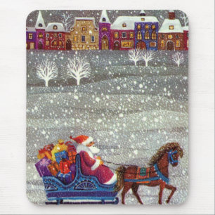 Mousepad Natal Antigo, Papai Noel Cavalo Trenó Aberto