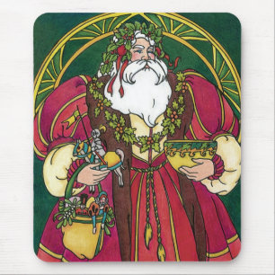 Mousepad Natal Antigo, Papai Noel com Folhas de Azevinho