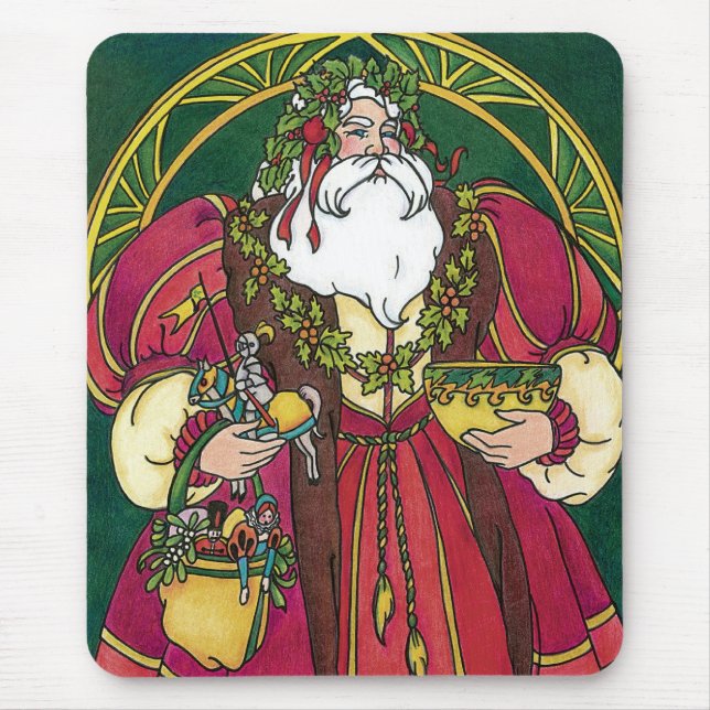 Mousepad Natal Antigo, Papai Noel com Folhas de Azevinho (Frente)