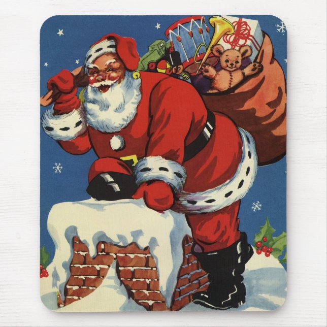 Mousepad Natal Antigo, Papai Noel Descendo a Chaminé com Br (Frente)