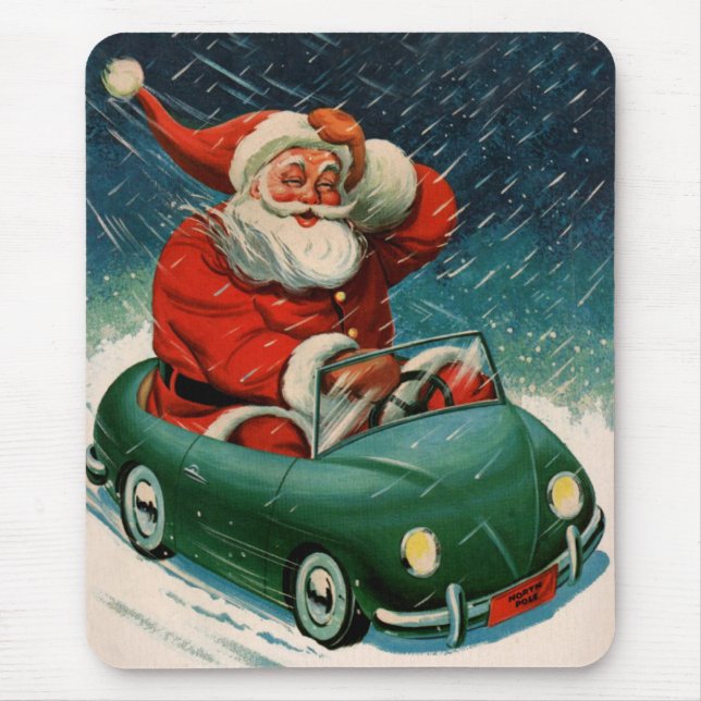 Mousepad Natal Antigo, Papai Noel num Carro Fofo (Frente)