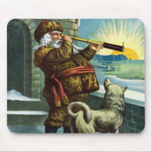 Mousepad Natal Antigo Papai Noel Telescópio Cachorro Pôr do