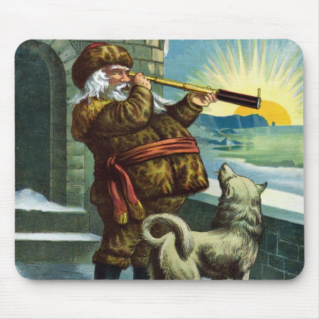 Mousepad Natal Antigo Papai Noel Telescópio Cão Pôr-do-sol (Frente)