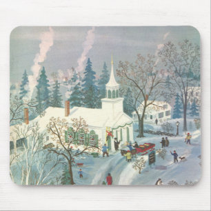 Mousepad Natal Antigo, Pessoas Indo à Igreja na Neve