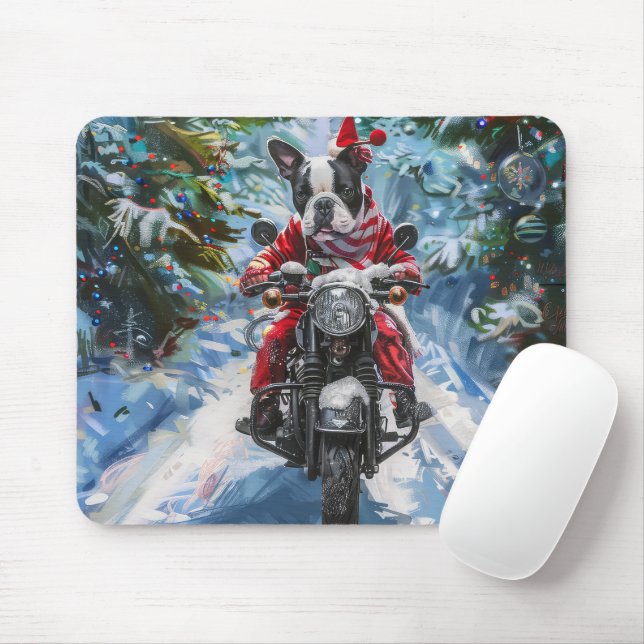 Mousepad Natal de Motocicleta em Boston Terrier (Com mouse)