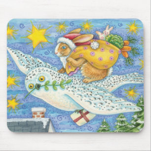 Mousepad Natal fofo com Coelho como Papai Noel em uma coruj