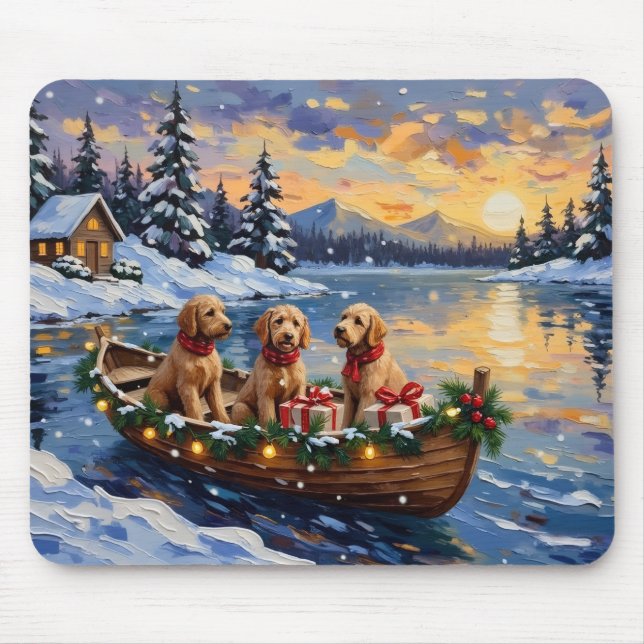 Mousepad Natal no barco do Goldendoodle no feriado (Frente)