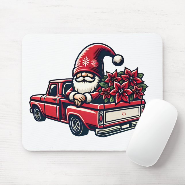 Mousepad Natal Poinsettia Gnomo no Caminhão Vermelho (Com mouse)
