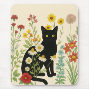 Mousepad Natureza Botânica – Gata Preta no Jardim de Flores