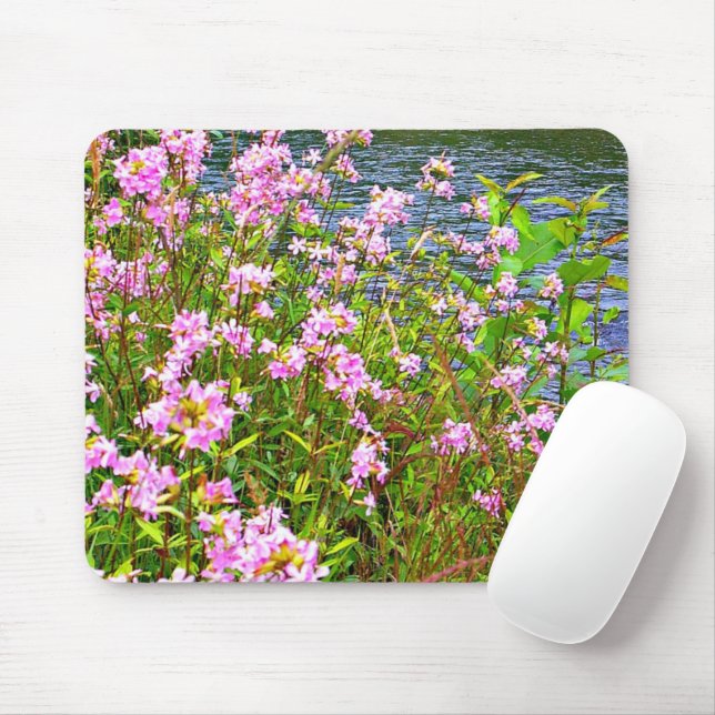 Mousepad Natureza, verde, flores silvestres, rosa, água (Com mouse)