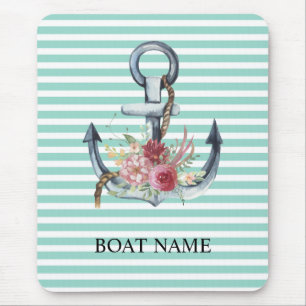Mousepad Náutico, Flores Âncora Listras Verde Menta