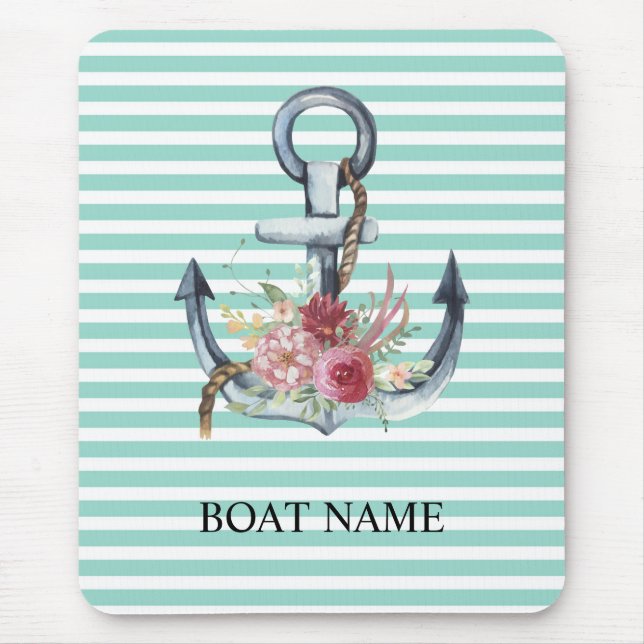 Mousepad Náutico, Flores Âncora Listras Verde Menta (Frente)