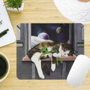 Mousepad Nave Espacial Gato Tabby Verde Alien Stuffie Ficçã