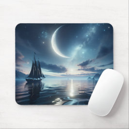 Mousepad Navegação em veleiro na água iluminada pela lua
