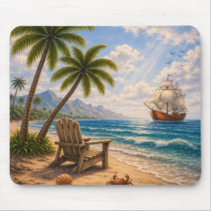 Mousepad Navio à Vela na Praia Tropical Cena Costeira Vinta