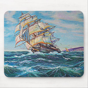 Mousepad Navio de vela na pintura de óleo em águas grossas