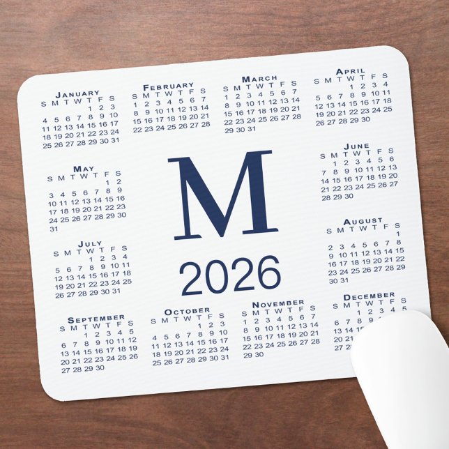 Mousepad Navy Blue Monogram 2026 Calendar on White (Navy Blue Monogram 2026 Calendar on White Mouse Pad, in situ)