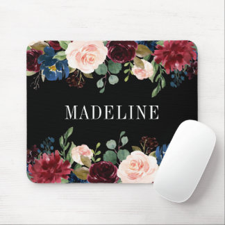 Mousepad Negra Floral Moda Floral Elegante Moderna