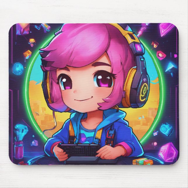 Mousepad Neon Chibi Gamer Learning Design (Frente)