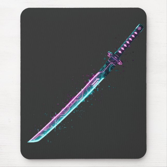 Mousepad ​Neon Cyber-Katana: Tech de lâmina digital mousepa (Frente)