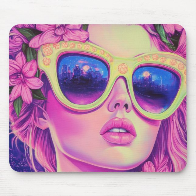 Mousepad Neon Dream Girl com óculos de sol florais (Frente)