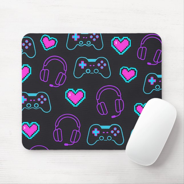 Mousepad Neon Gamer Controller and Hearts Pattern (Com mouse)