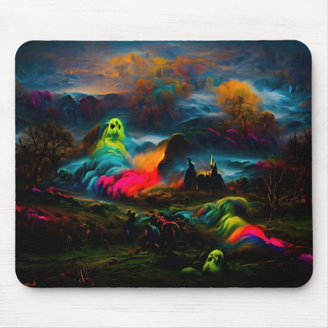 Mousepad Neon Ghosts em uma paisagem fantasia assombrada (Frente)