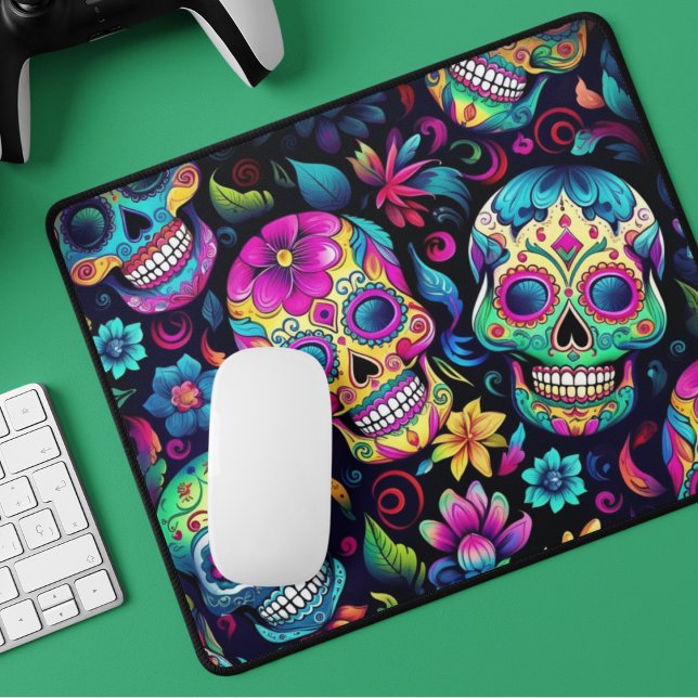 Mousepad Neon Sugar Skull (Mouse pad adorned with brightly colored sugar skulls in pink, green, blue and yellow. )