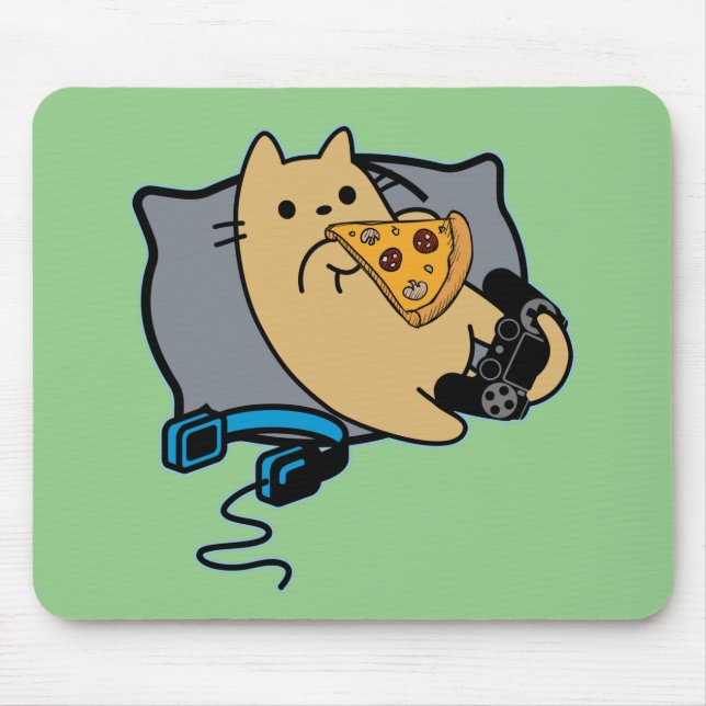 Mousepad Nerdy Gamer Cat Comendo Pizza Jogo Em Pausa (Frente)